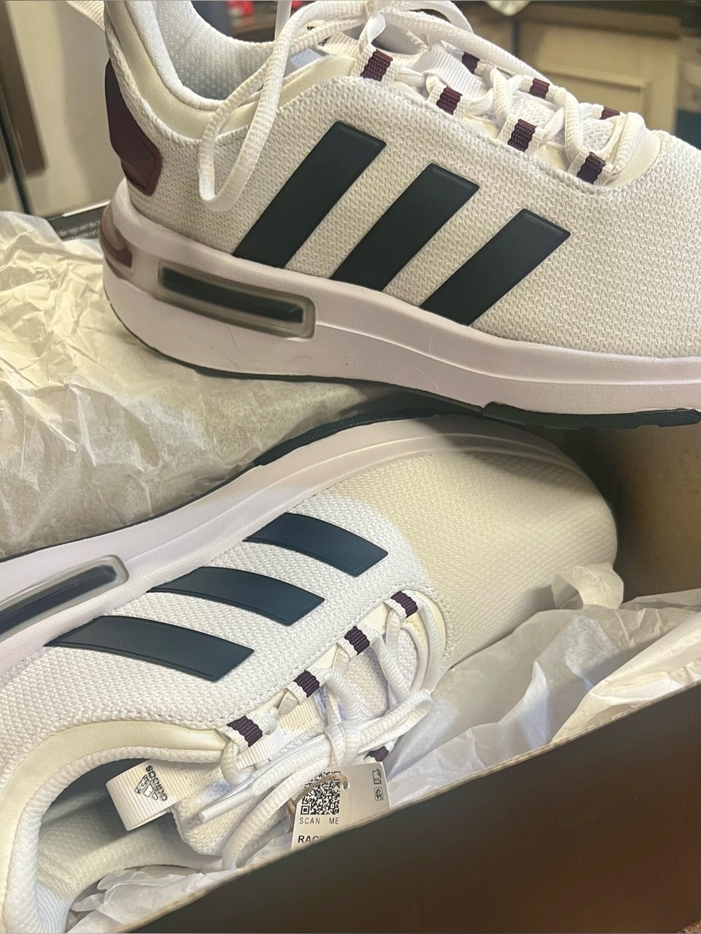 Adidas  Tr-23 White /Black Stripes and Maroon Accents
Youth and men 7
Ladies 9